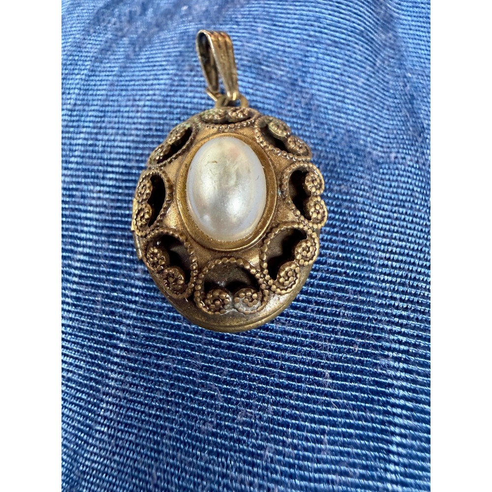 Vintage Brass Filigree Oval Locket Pendant Faux Pearl Cabochon Victorian Style